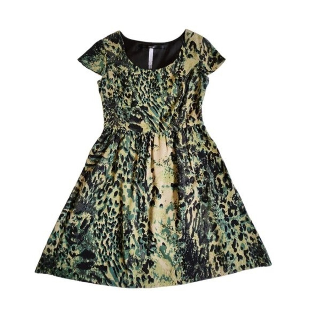 Kensie Green Black Animal Print Cap Sleeve Fit & Flare Mini Dress Sz S